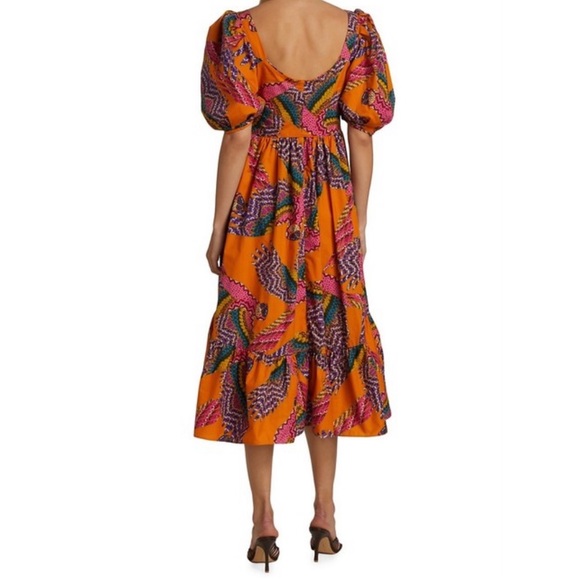 NWT farm rio Macau puff sleeve midi dress in orange - Picture 5 of 11